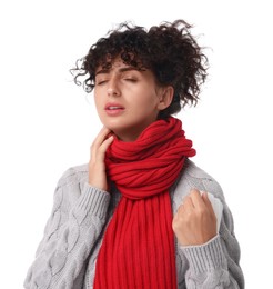 Photo of Cold symptom. Young woman with tissue on white background