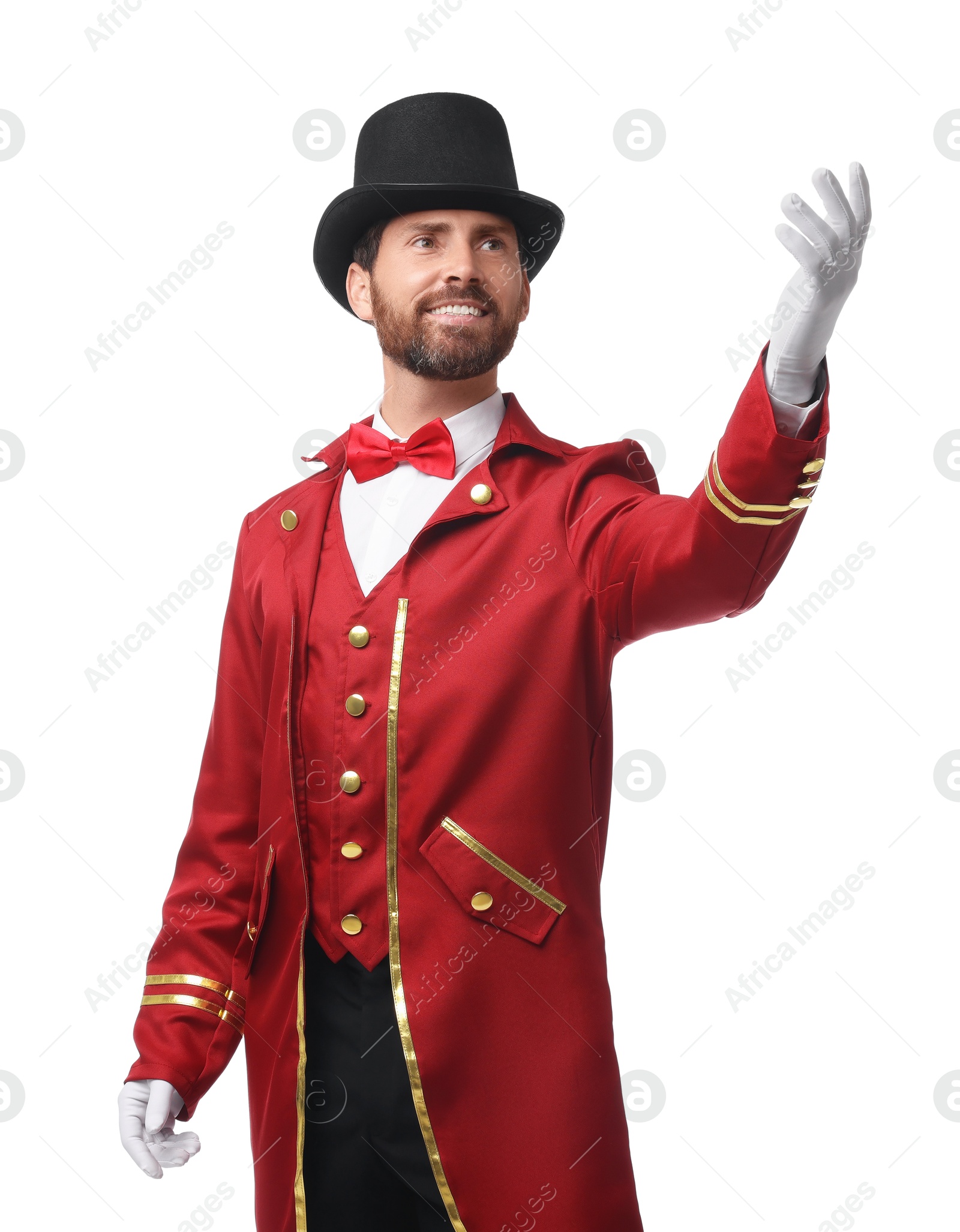 Photo of Portrait of showman in red costume and hat on white background