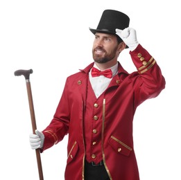 Photo of Portrait of showman in red costume and hat on white background