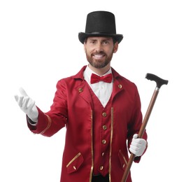 Photo of Portrait of showman in red costume and hat on white background