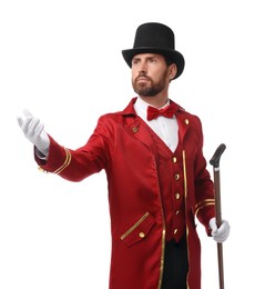 Photo of Portrait of showman in red costume and hat on white background