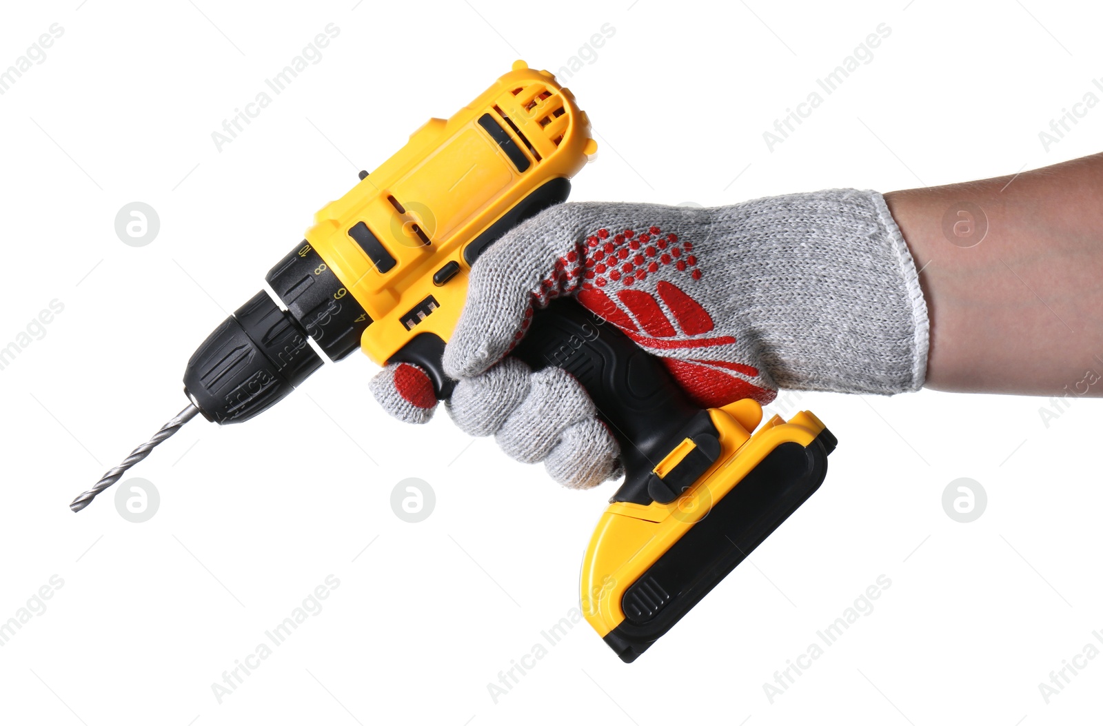 Photo of Man with cordless electric drill on white background