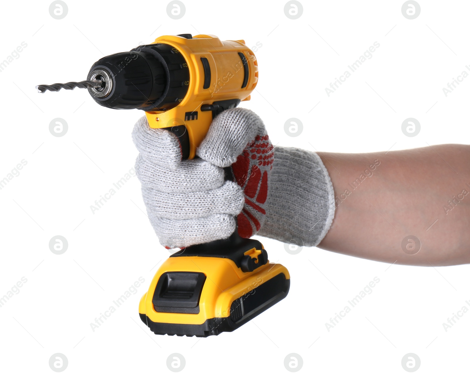 Photo of Man with cordless electric drill on white background