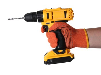 Photo of Man with cordless electric drill on white background