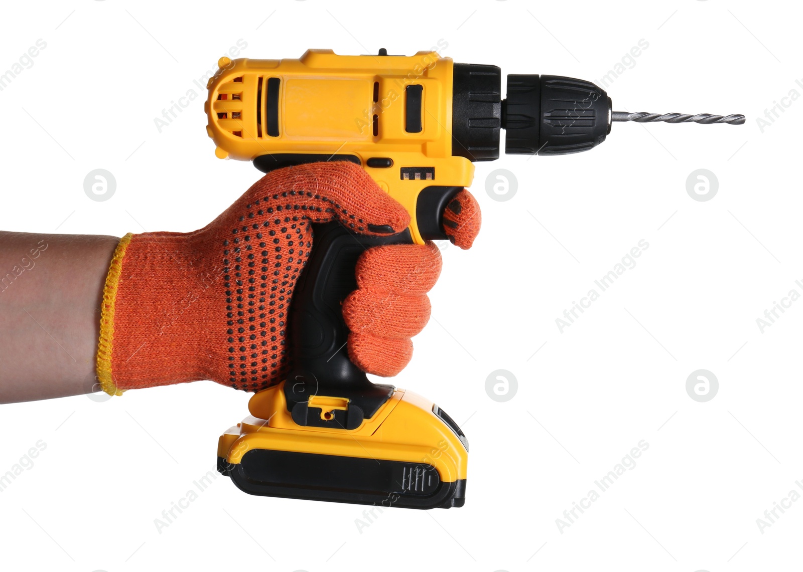 Photo of Man with cordless electric drill on white background