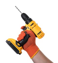 Photo of Man with cordless electric drill on white background