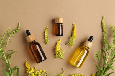 Photo of Tinctures in bottles and goldenrod flowers on pale brown background, flat lay