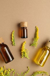 Photo of Tinctures in bottles and goldenrod flowers on pale brown background, flat lay