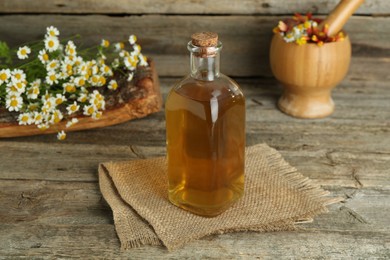 Photo of Tincture in bottle, medicinal herbs and mortar with pestle on wooden table