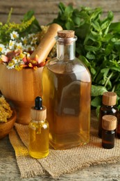 Photo of Tinctures in bottles, medicinal herbs and mortar with pestle on wooden table