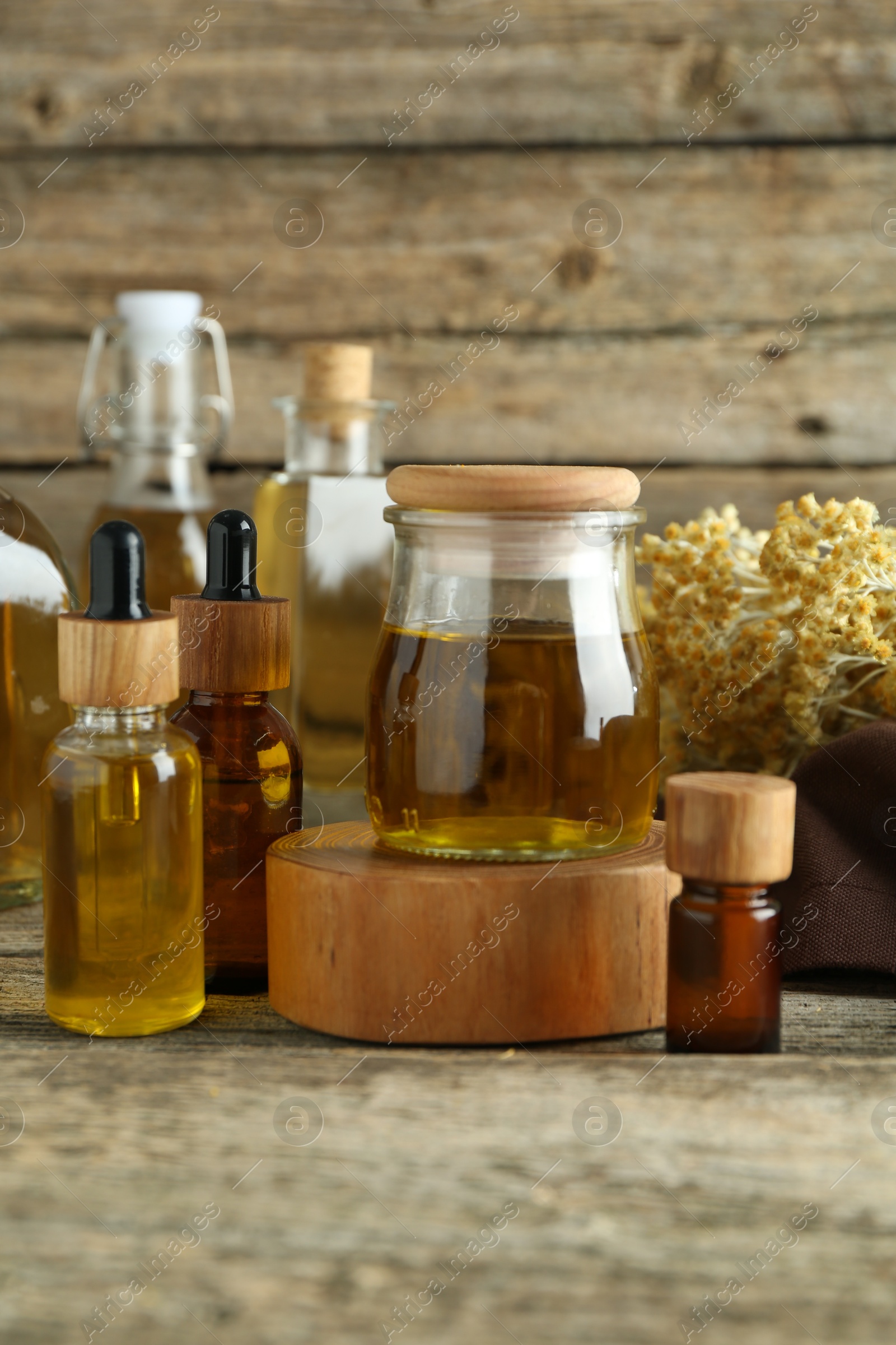 Photo of Different tinctures and helichrysum flowers on wooden table