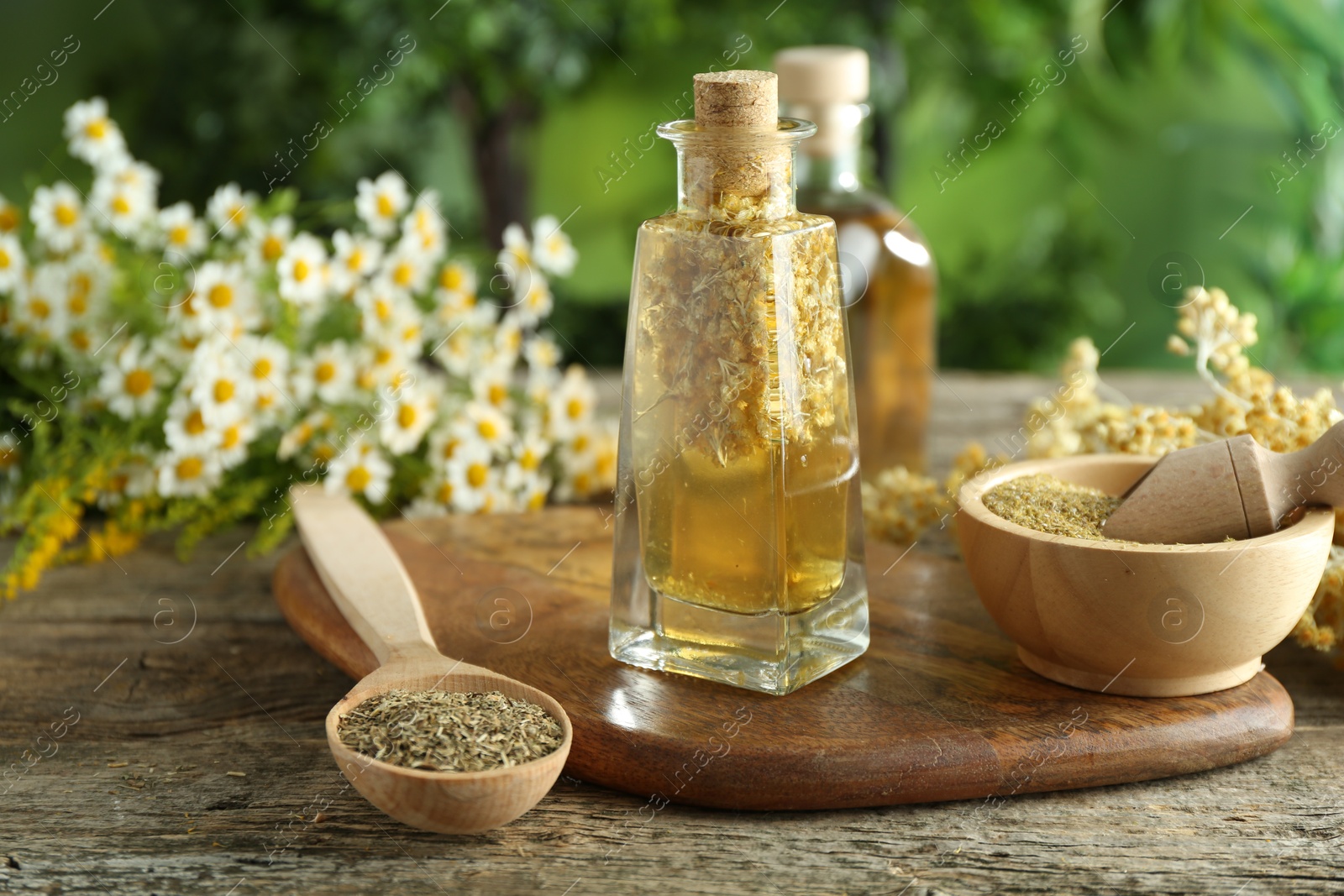 Photo of Different ingredients for tincture on wooden table