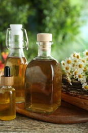 Photo of Different tinctures in bottles and chamomile flowers on wooden table