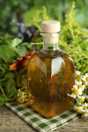 Photo of Tinctures in bottle and medicinal herbs on wooden table