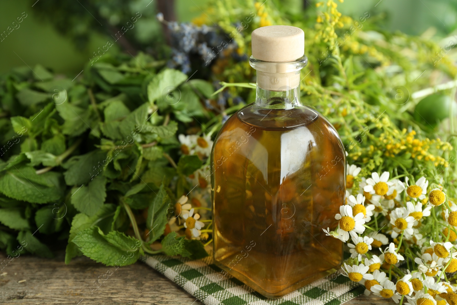 Photo of Tinctures in bottle and medicinal herbs on wooden table