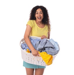 Photo of Happy woman with basket full of laundry on white background