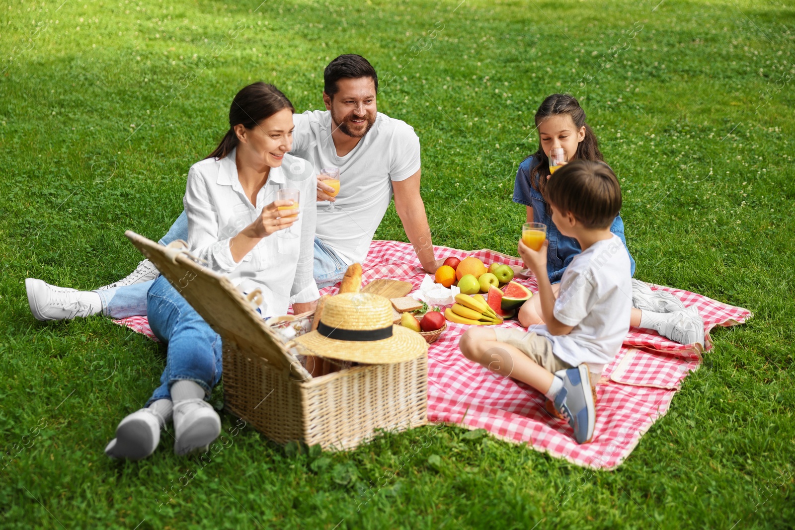 Photo of Family picnic. Happy parents and their children drinking juice on green grass outdoors