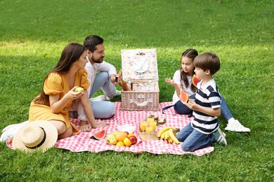 Lovely family having picnic together in park