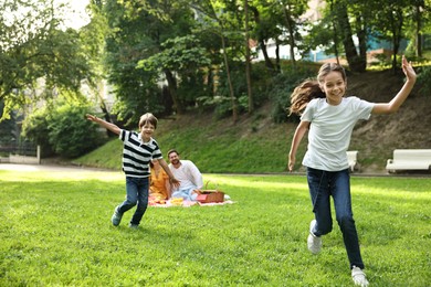 Happy children playing during family picnic outdoors