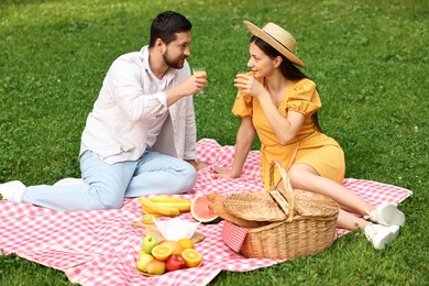 Lovely couple having picnic on green grass outdoors