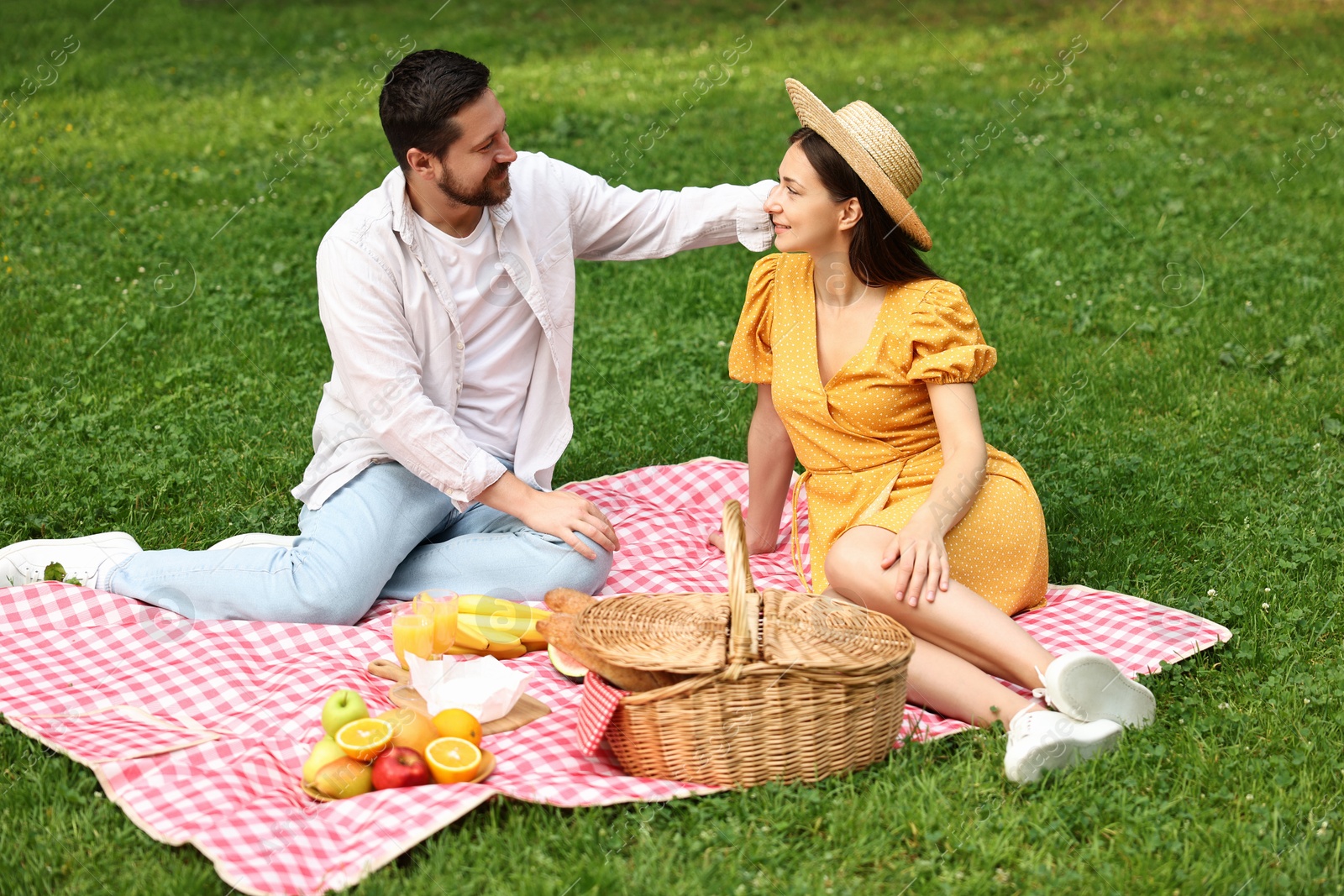 Photo of Lovely couple spending time together on picnic blanket outdoors