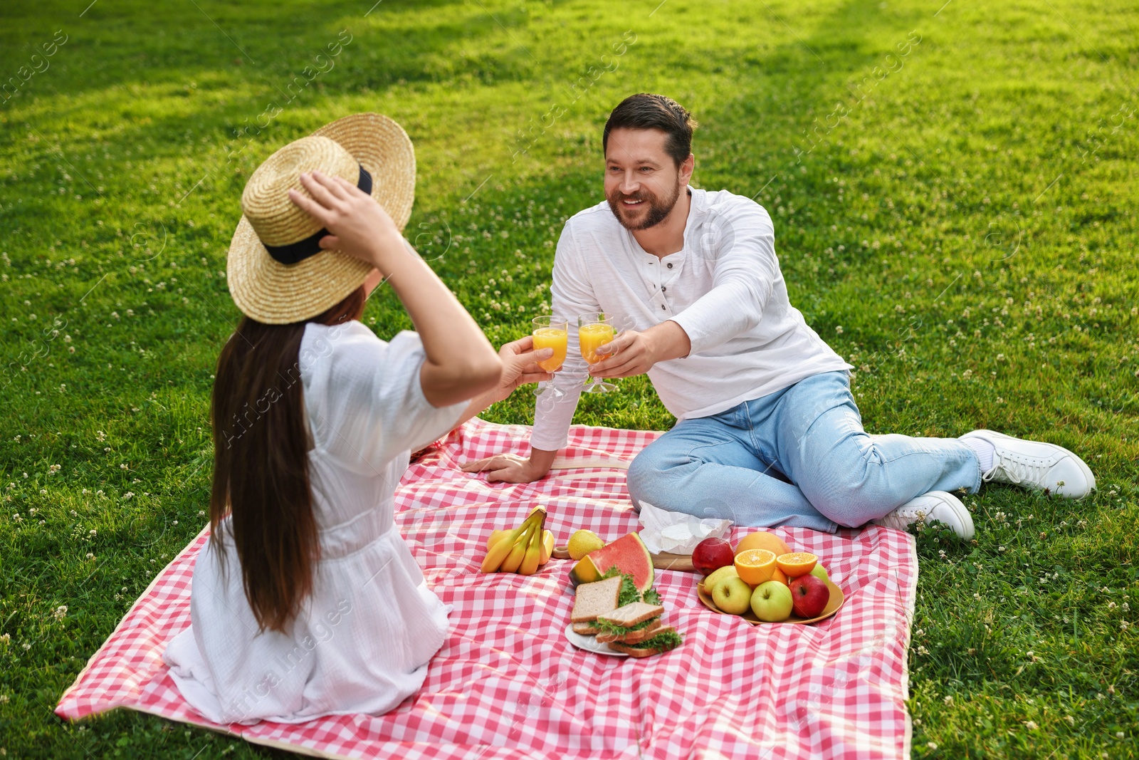 Photo of Smiling couple clinking glasses of juice on picnic blanket outdoors