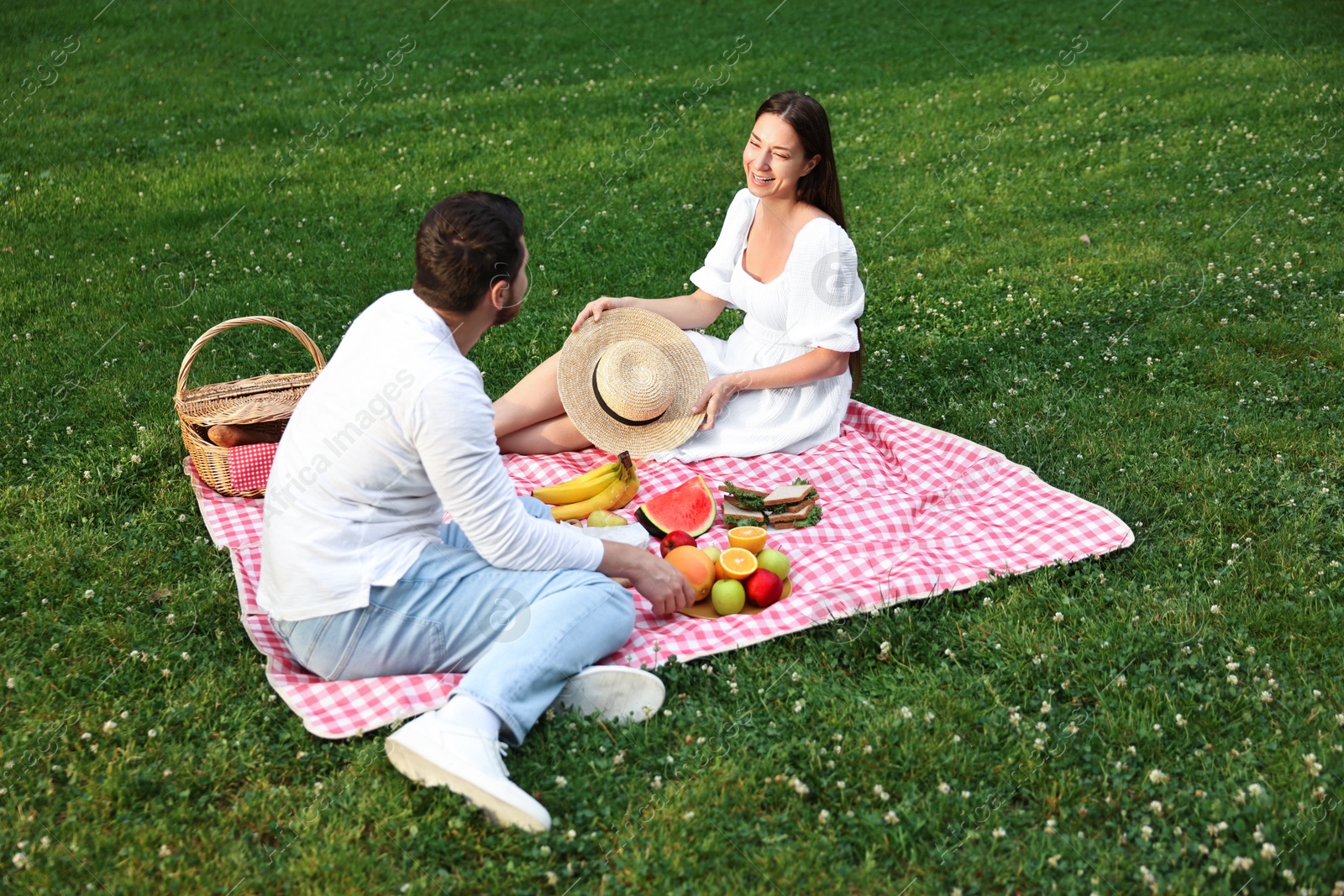 Photo of Happy couple having picnic on green grass outdoors