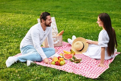 Lovely couple having picnic on green grass outdoors