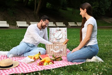 Happy couple having picnic on green grass outdoors