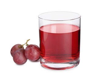 Tasty juice in glass and fresh grapes isolated on white