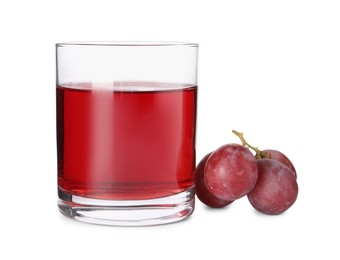 Photo of Tasty juice in glass and fresh grapes isolated on white