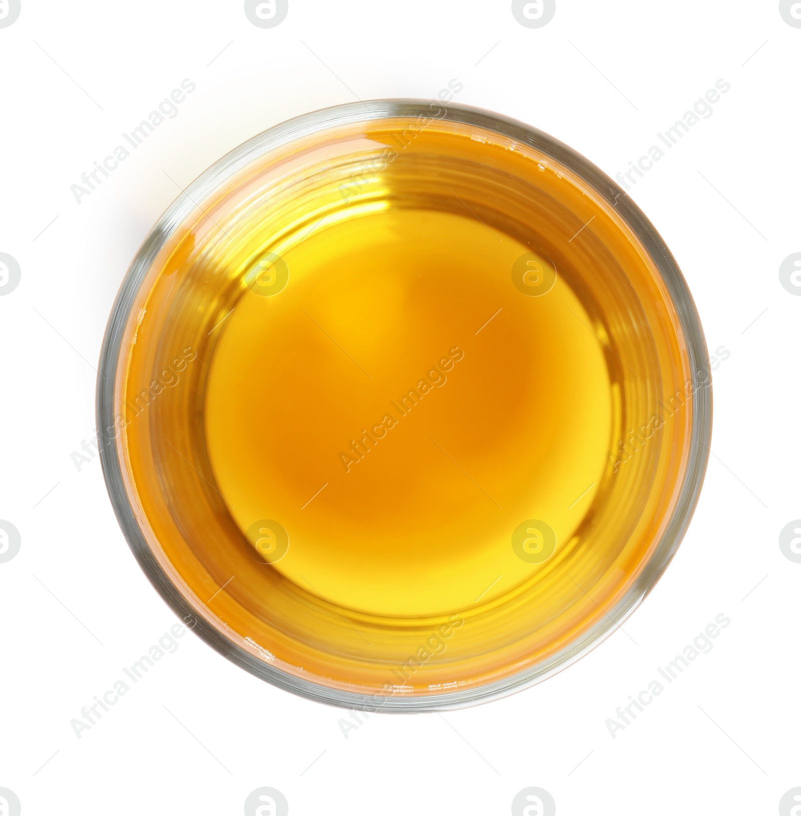 Photo of Tasty grape juice in glass isolated on white, top view