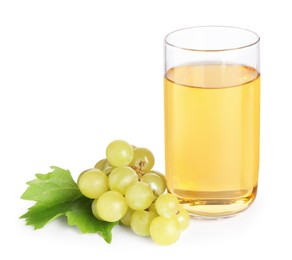 Tasty juice in glass, fresh grapes and leaf isolated on white