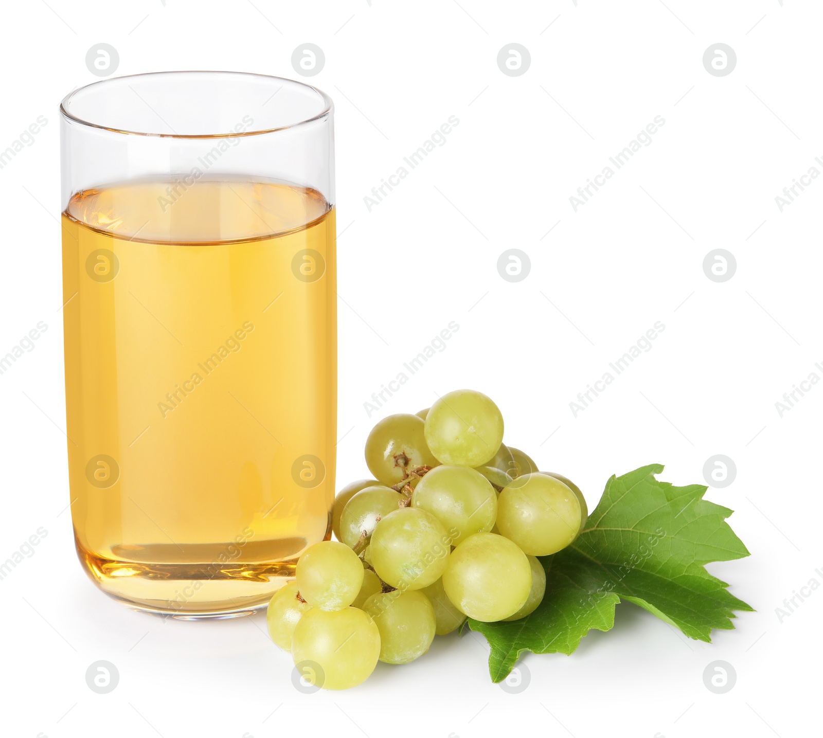 Photo of Tasty juice in glass, fresh grapes and leaf isolated on white