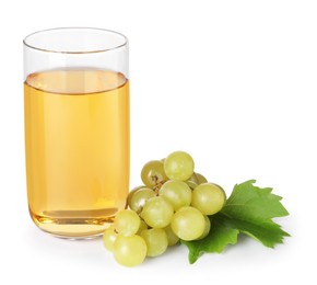 Tasty juice in glass, fresh grapes and leaf isolated on white