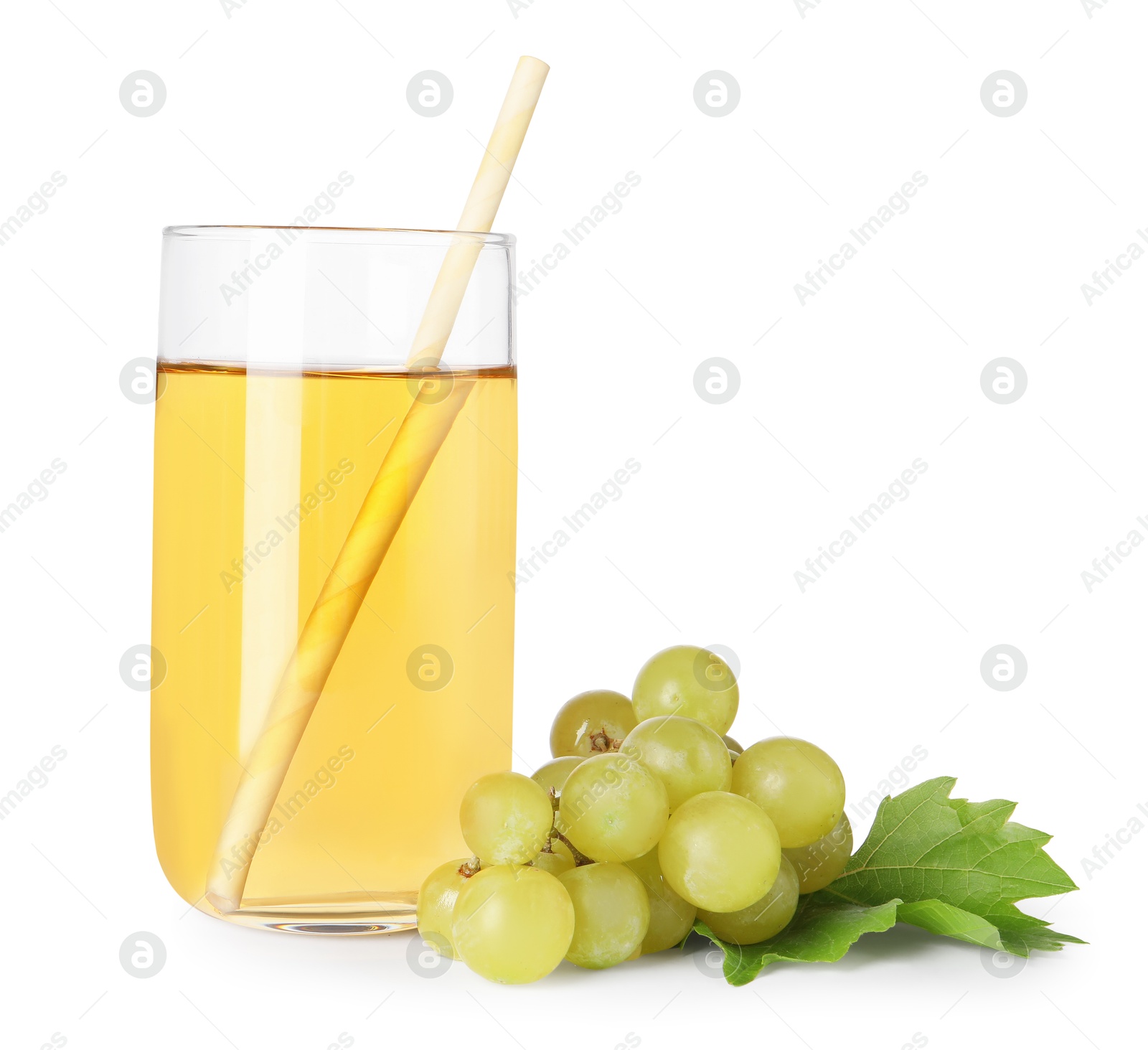 Photo of Tasty juice in glass, fresh grapes and leaf isolated on white