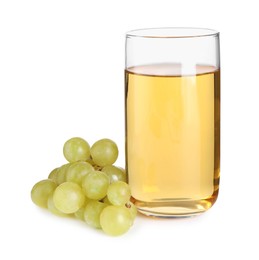 Tasty juice in glass and grapes isolated on white