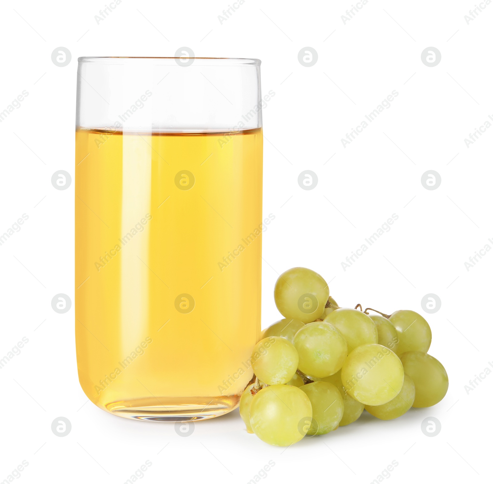 Photo of Tasty juice in glass and grapes isolated on white