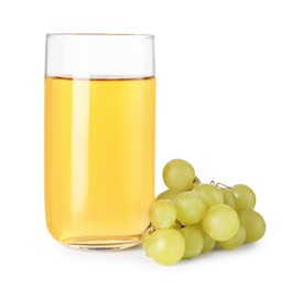 Photo of Tasty juice in glass and grapes isolated on white