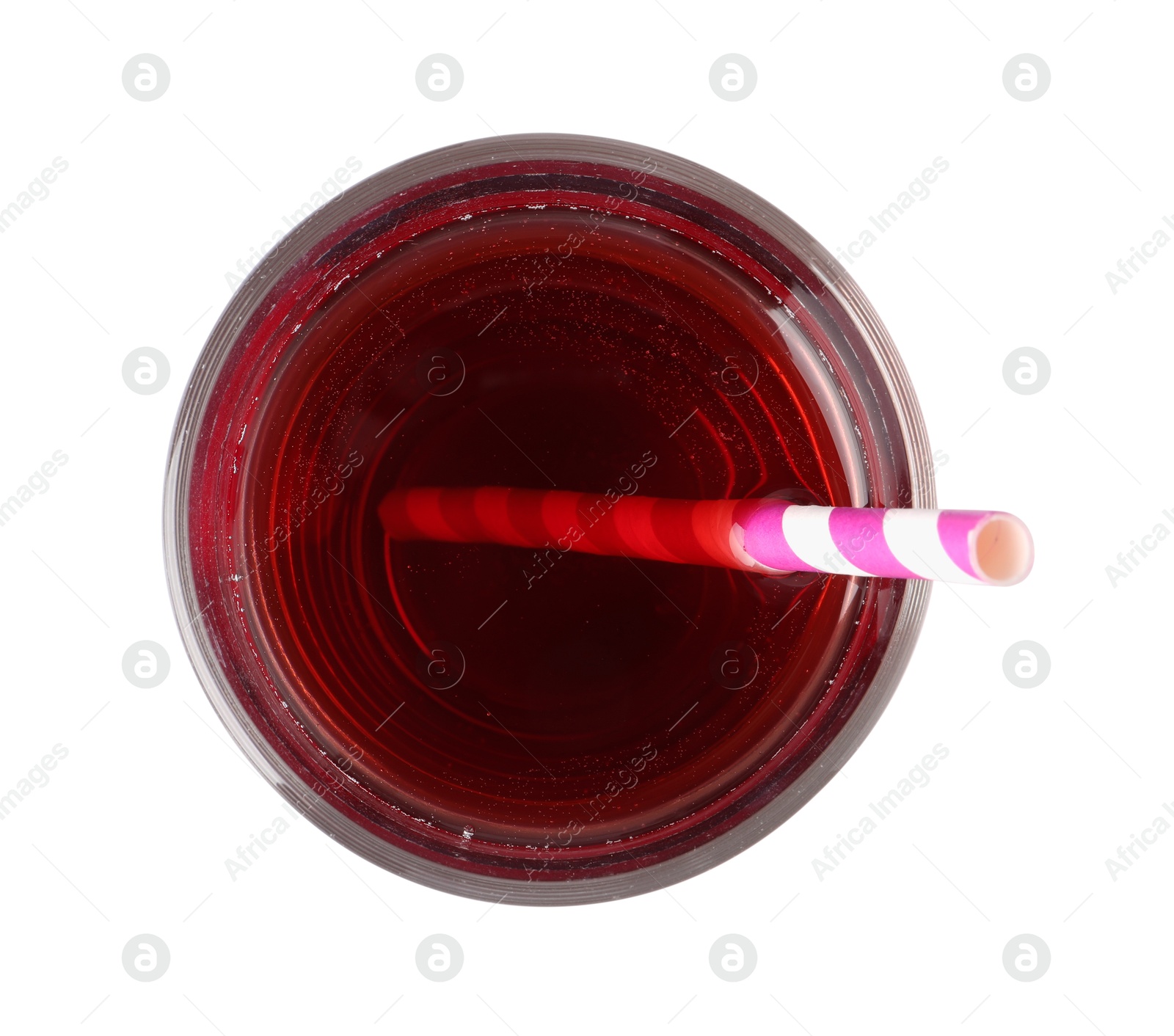 Photo of Tasty juice in glass and straw isolated on white, top view