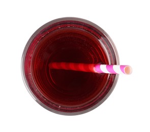 Photo of Tasty juice in glass and straw isolated on white, top view