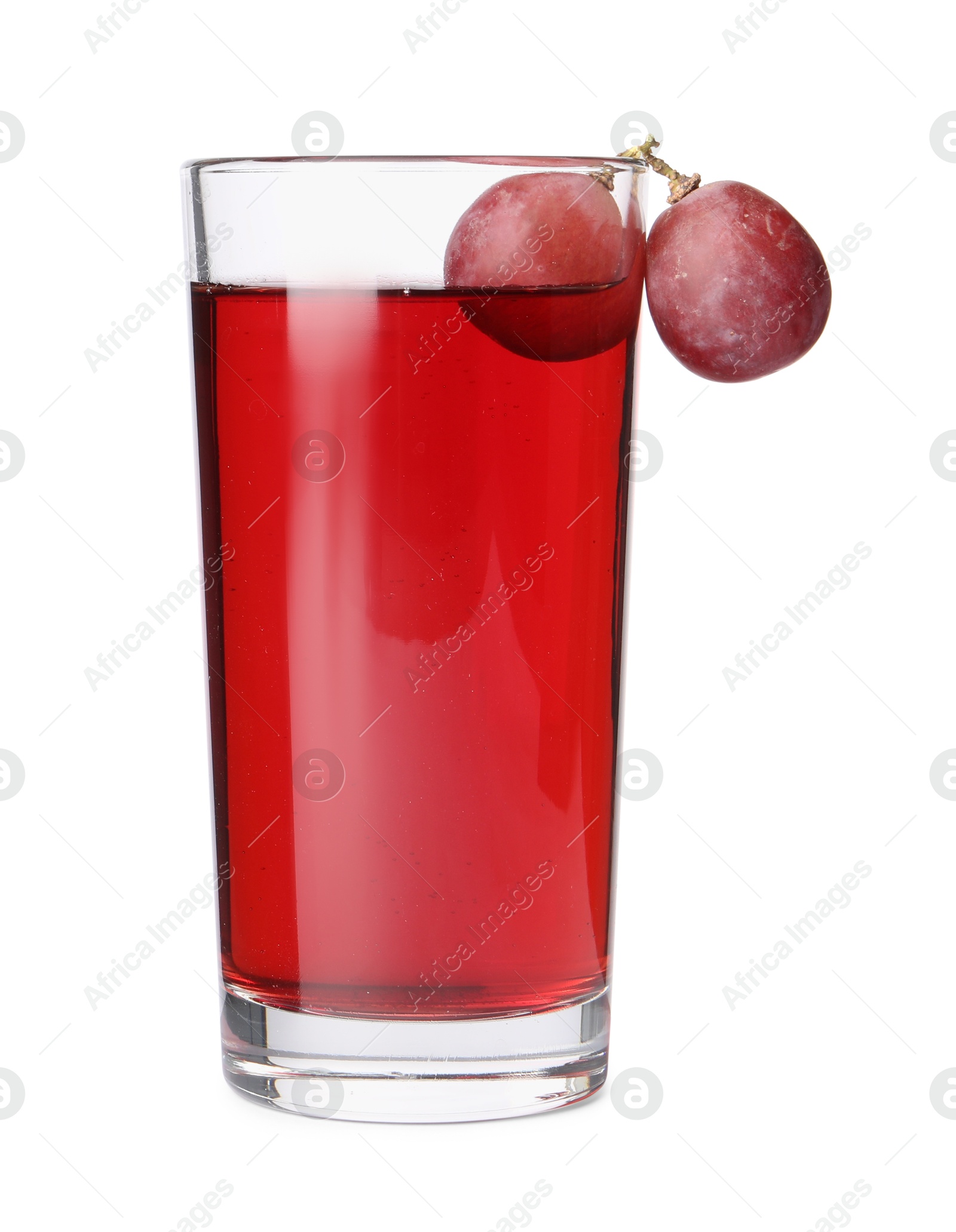 Photo of Tasty juice in glass and fresh grapes isolated on white