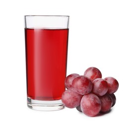 Photo of Tasty juice in glass and fresh grapes isolated on white