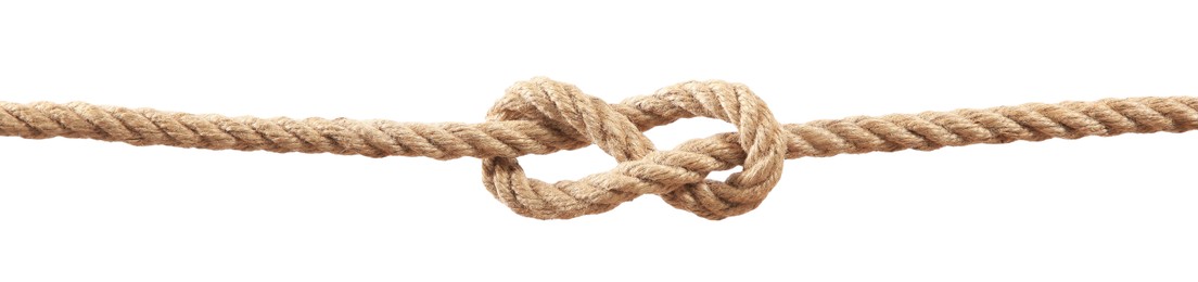 Photo of Hemp rope with knot on white background