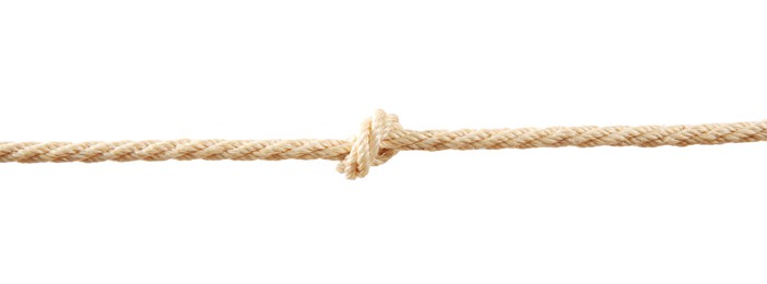 Hemp rope with knot on white background