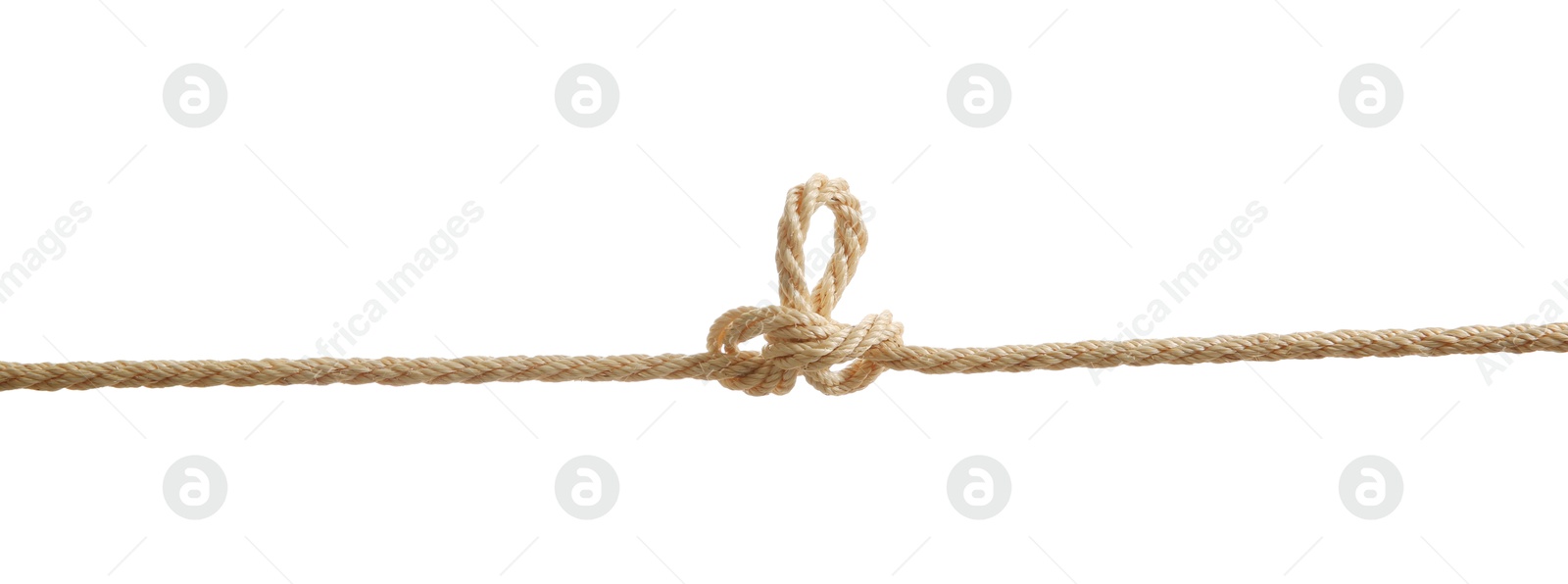 Photo of Hemp rope with knot on white background