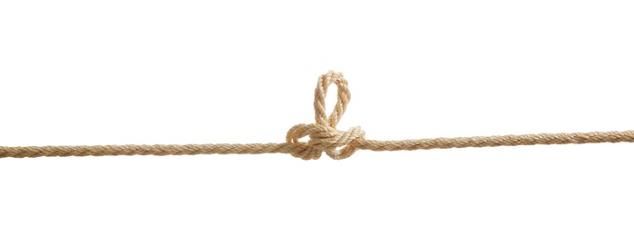 Hemp rope with knot on white background