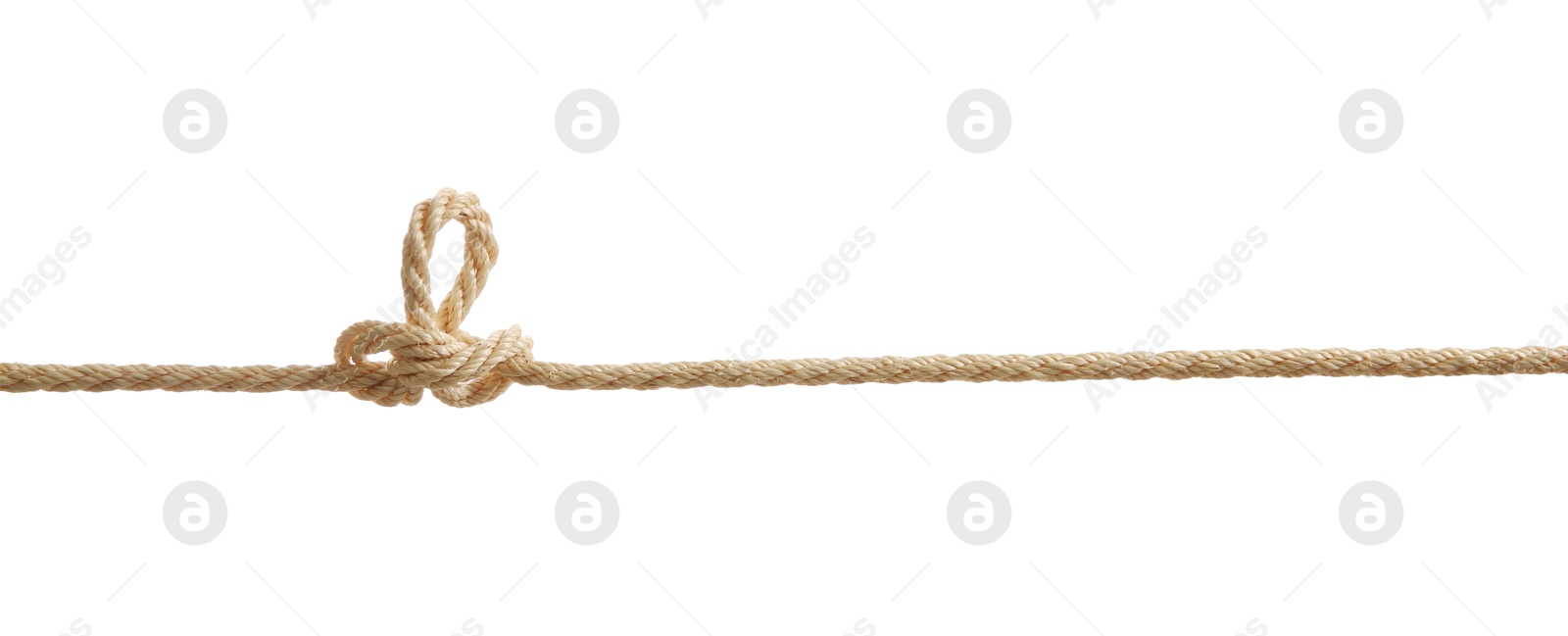 Photo of Hemp rope with knot on white background