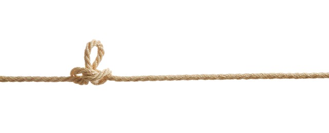 Photo of Hemp rope with knot on white background