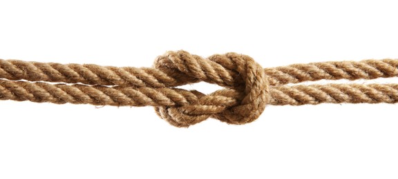 Hemp rope with square knot on white background